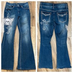 Hot Topic Jeans Bootcut Womens Size 9 Skull‎ Cross Y2K Goth Denim Stretch Bling
